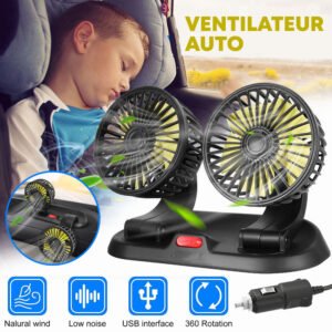Ventilateur Double Tête Voiture USB – 360° Rotatif & 3 Vitesses