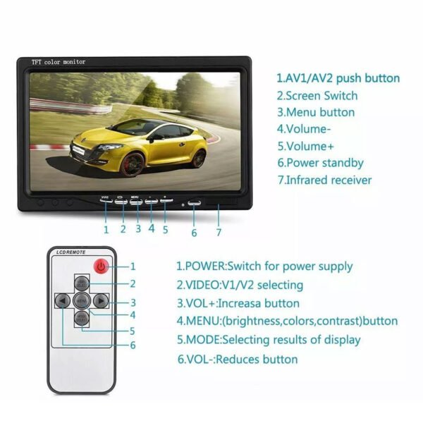 ⁦Moniteur Voiture 7" LCD TFT pour Caméra de Recul – Double Entrée Vidéo⁩ - الصورة ⁦2⁩
