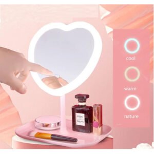 Miroir de Maquillage LED Cœur – Haute Définition, Plateau Rangement & USB Rechargeable