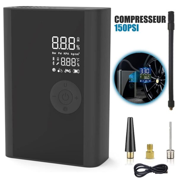 ⁦Mini Compresseur d’Air Portable Rechargeable 4000mAh – Pompe Multifonction avec LED et Buses Incluses⁩ - الصورة ⁦7⁩
