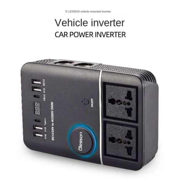 ⁦Onduleur Convertisseur Allume-Cigare Multifonction 200W avec Prises 220V, USB & Type-C – Universel 12/24V⁩ - الصورة ⁦3⁩