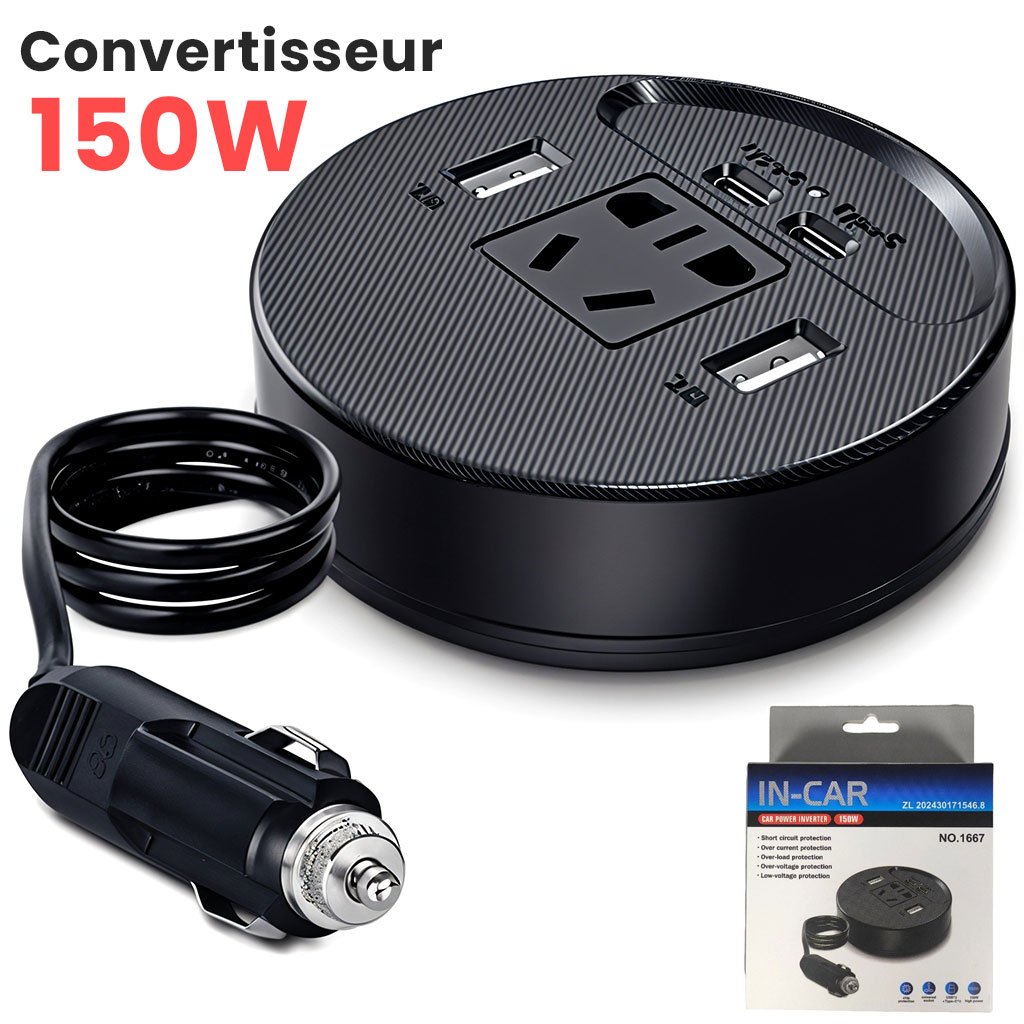 Onduleur Voiture 150W avec 4 Ports USB & Prise Secteur Universelle