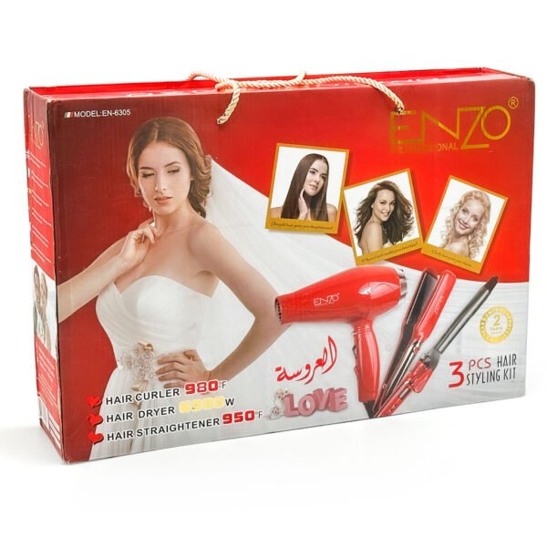 Coffret Coiffure 3 en 1 ENZO – Sèche-Cheveux, Lisseur et Boucleur Puissants طقم تصفيف الشعر 3 في 1 من ENZO – مجفف، مملس ومكواة تجعيد قوية