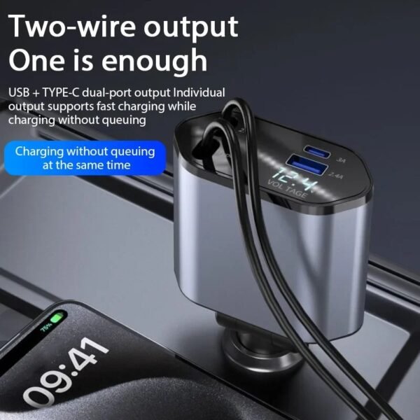 ⁦Chargeur Voiture Rétractable 4-en-1 – Câbles Type-C & iOS⁩ - الصورة ⁦5⁩