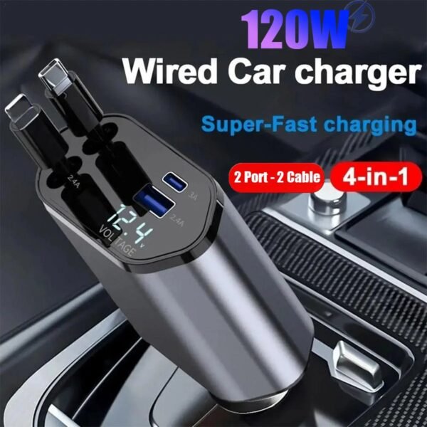 ⁦Chargeur Voiture Rétractable 4-en-1 – Câbles Type-C & iOS⁩ - الصورة ⁦4⁩