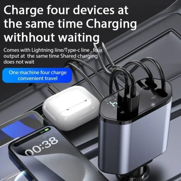 ⁦Chargeur Voiture Rétractable 4-en-1 – Câbles Type-C & iOS⁩ - الصورة ⁦6⁩