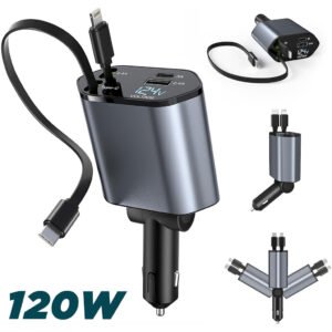 Chargeur Voiture Rétractable 4-en-1 – Câbles Type-C & iOS