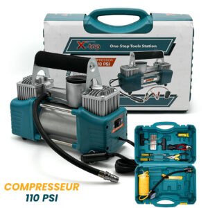 Compresseur Voiture 12V Double Cylindre avec Manomètre – 150 PSI + Kit de Réparation