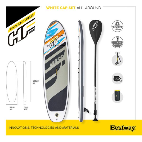Bestway Hydro-Force White Cap Paddle gonflable Avec Pompe À Main Et Sac À Dos