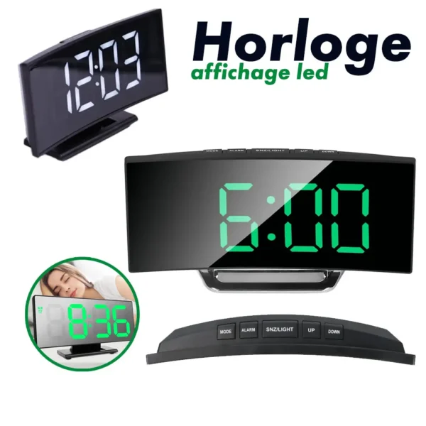 ⁦Horloge Numérique LED à Écran Miroir Incurvé – Affichage Température & Double Alimentation⁩ - الصورة ⁦4⁩