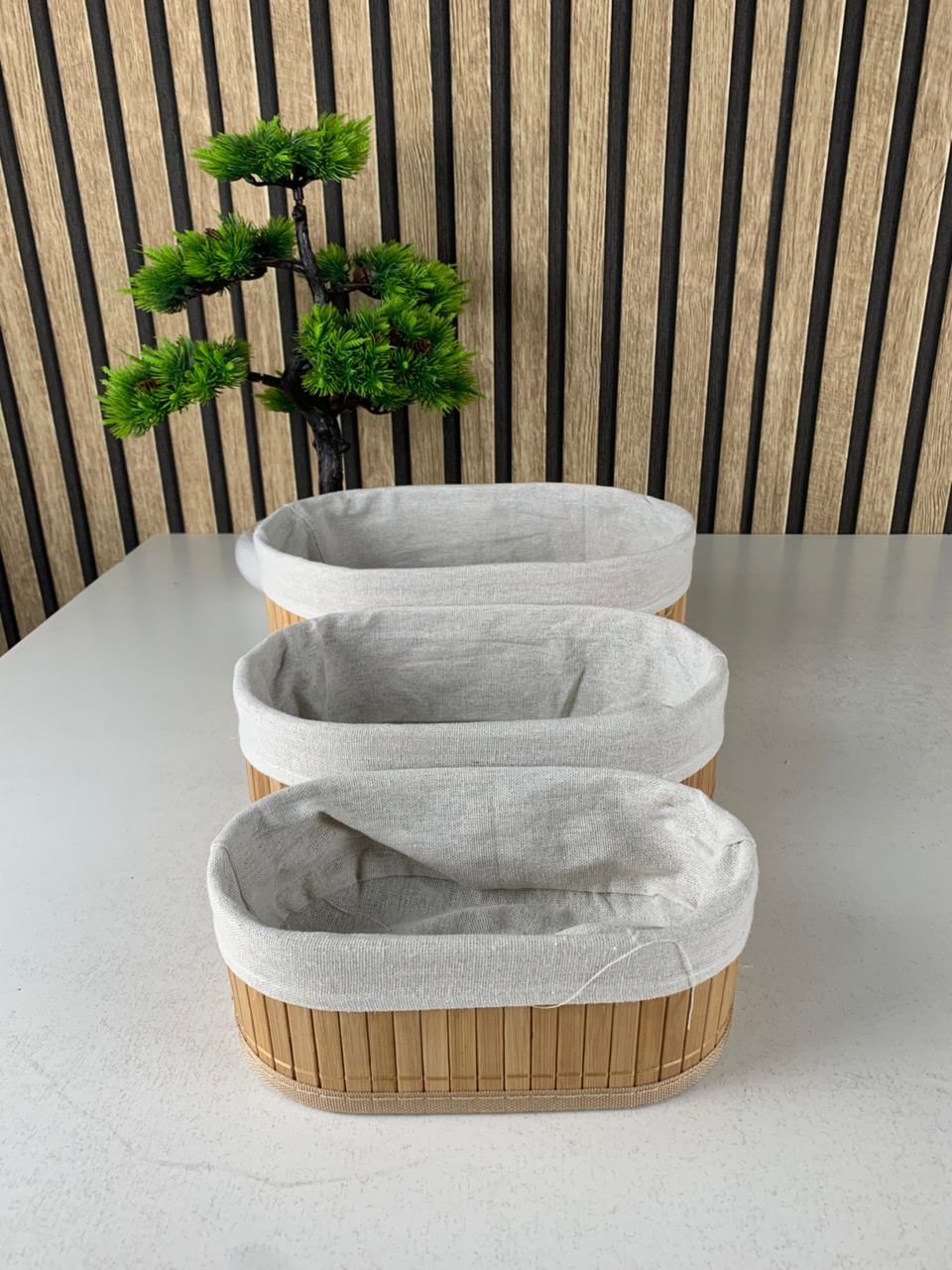 Lot de 3 paniers ovales en bambou naturel - الصورة 2