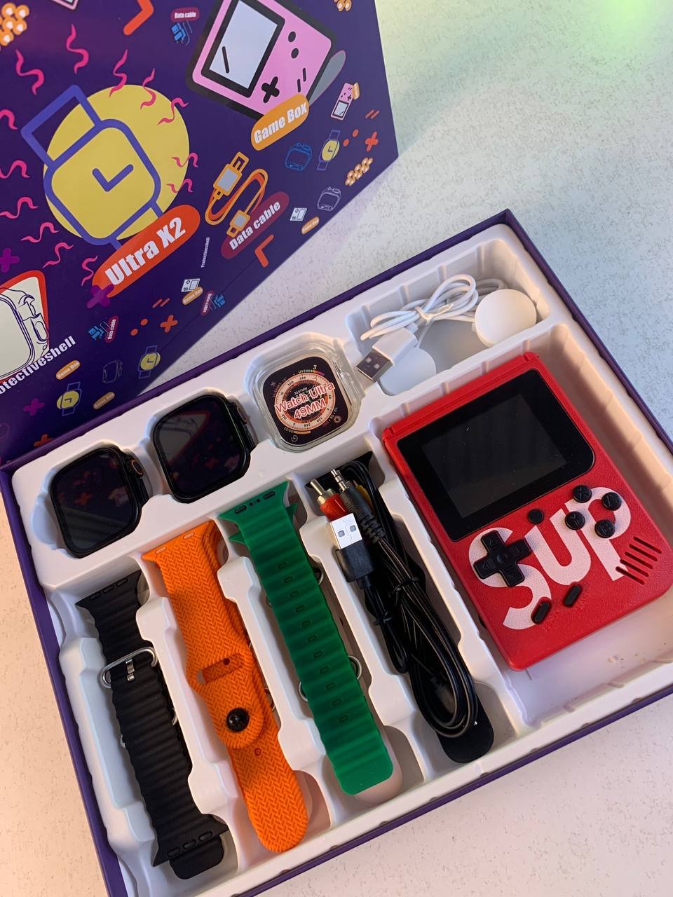 Pack 2 Smartwatch Ultra X2 avec 7 Bracelets et SUP Gamebox 400 Jeux - الصورة 5